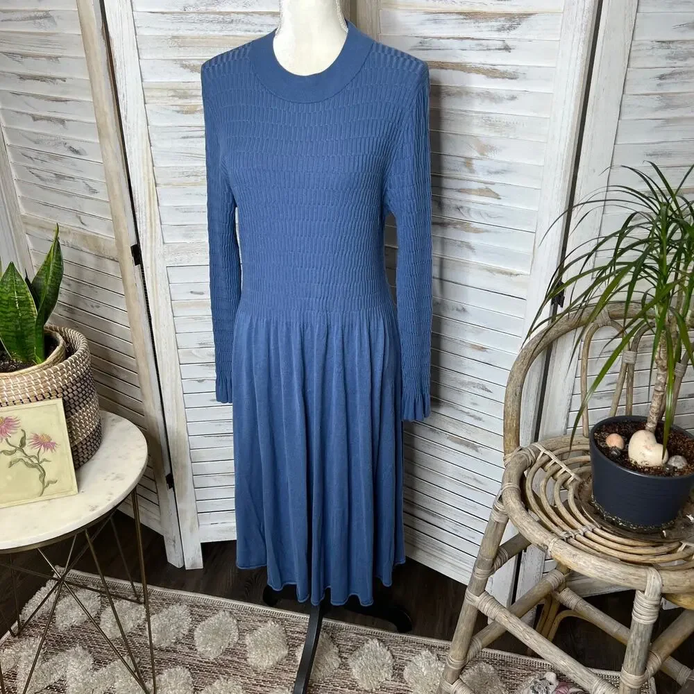 SUNDANCE Nature's Hue High Neck Ruffle Sleeve Midi Dress Blue Medium - Picture 6 of 14